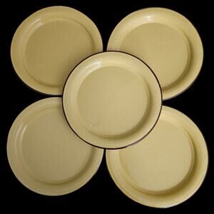 Vintage Yellow Enamelware Plates Set of 5 Speckled Brown Rim Camp Kitchen 10"